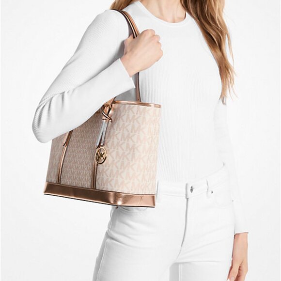 Michael Kors Jet Set Travel Metallic Logo Top-Zip Tote Bag Rose Gold New Sealed - Picture 3 of 10